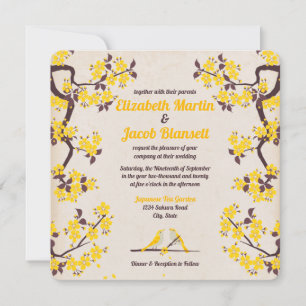 Golden Yellow Sakura and Love Birds Wedding Invitation