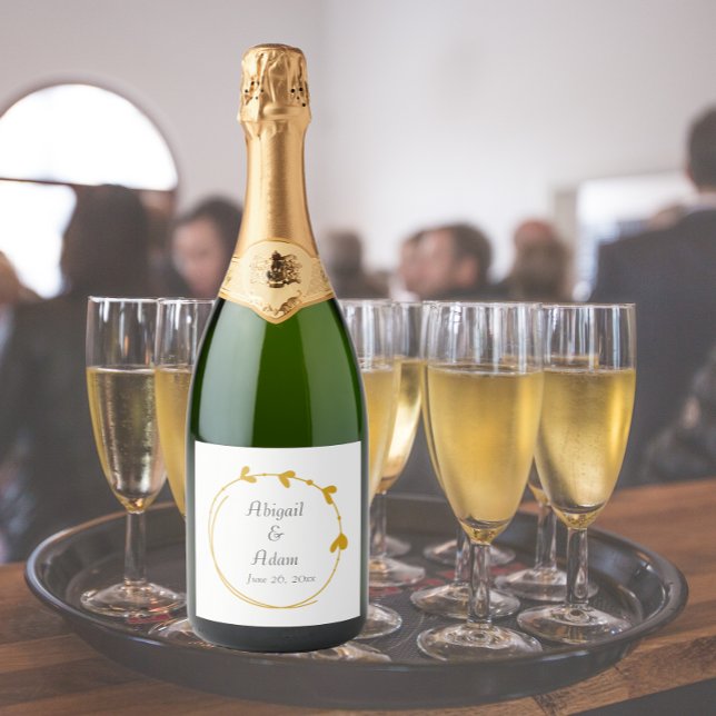 Golden Yellow Simple Heart Wreath Wedding Sparkling Wine Label (In Situ Wedding)