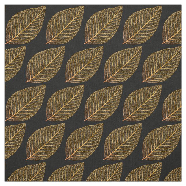 Golden Yellow Skeleton Leaf Pattern Over Black Fabric (Swatch)