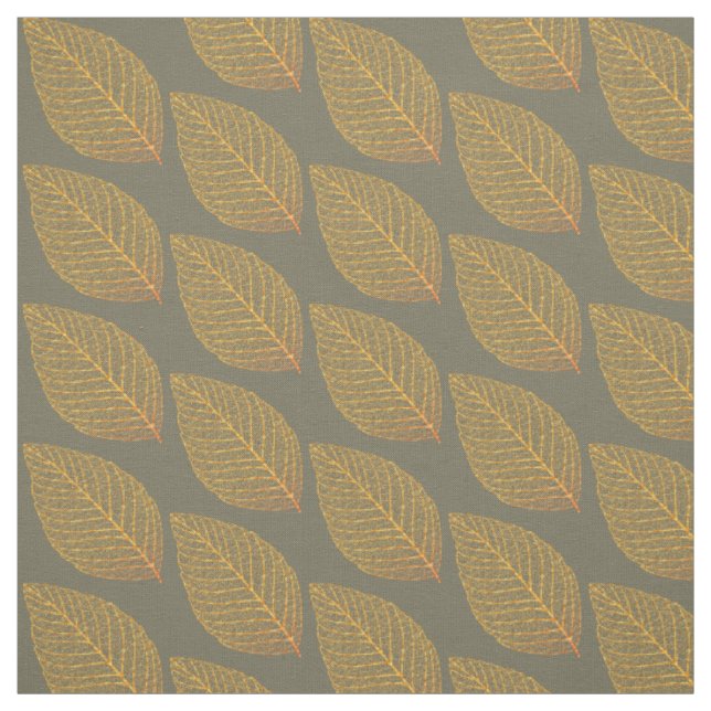 Golden Yellow Skeleton Leaf Pattern Over Green Fabric (Swatch)