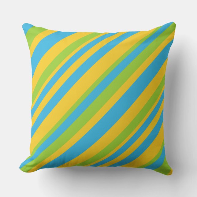 Golden Yellow, Sky Blue, Green Diagonal Stripes Cushion (Front)