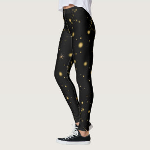 Golden Yellow Stars Black Night Leggings