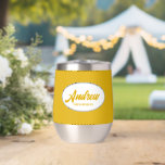Golden Yellow Stylised Name Wedding Groomsman<br><div class="desc">Gift your wedding groomsman with this trendy and personalised, stainless steel wine tumbler with his name in stylised script inside a white, oval design. Background colour and script is a golden yellow. Personalise your wine tumbler by editing and replacing name with desired name. Available in many, popular wedding colour schemes....</div>