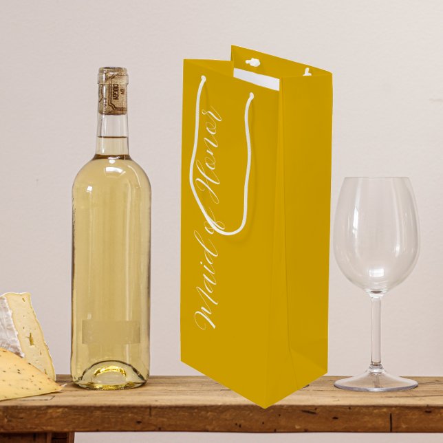 Golden Yellow Stylised Script Maid of Honour Wine Gift Bag (In Situ)