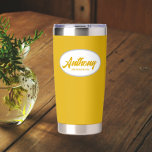 Golden Yellow Stylised Wedding Groomsman Name Insulated Tumbler<br><div class="desc">Gift your wedding groomsman this trendy and personalised,  stainless steel,  thermal tumbler with his name in stylised script in a white oval design. Background colour and script is golden yellow. Personalise your thermal tumbler by editing and replacing groomsman's name with desired name.</div>