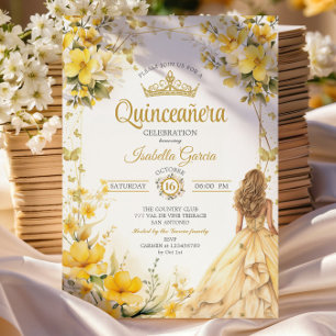 Golden Yellow Tiara Floral Butterflies Quinceañera Invitation