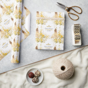 Golden Yellow Tiara Floral Butterflies Quinceañera Wrapping Paper