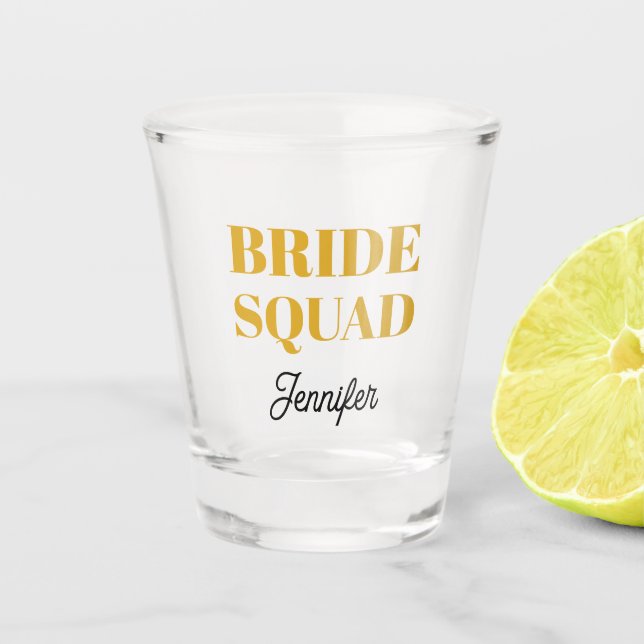 Golden Yellow Wedding Bride Squad Personalized Shot Glass (Front)