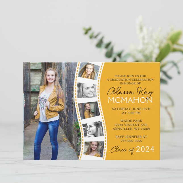 Golden Yellow & White Filmstrip 6 Photo Graduation Invitation (Standing Front)