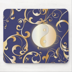 Golden Yin & Yang with scrolls Mouse Pad