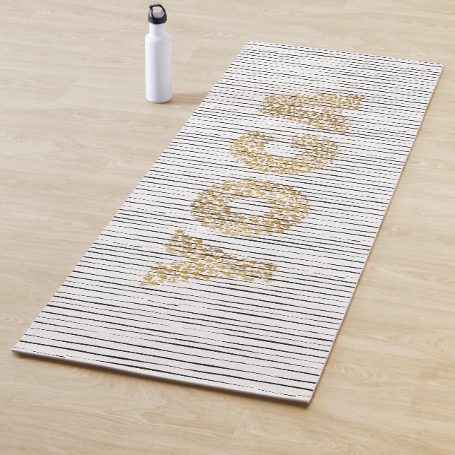Golden YOGA text on Black Stripes Yoga Mat (In Situ)