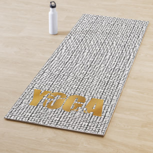 Golden YOGA text with Silhouette on Black Pattern Mat