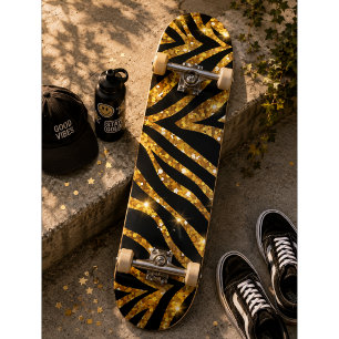 Golden Zebra Glittery Pattern Skateboard