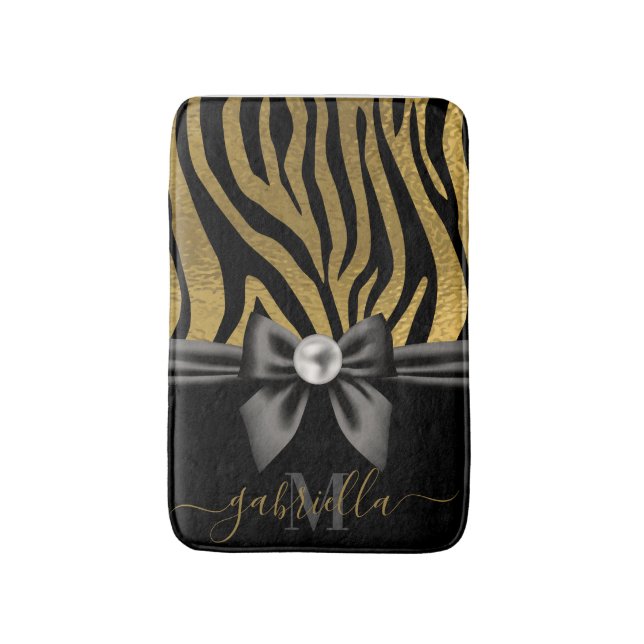 Golden Zebra Print and Bow Bath Mat (Front Vertical)