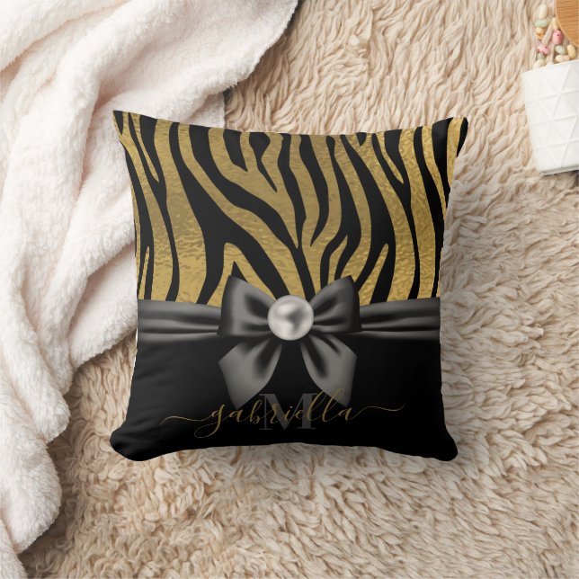 Golden Zebra Print and Bow Cushion (Blanket)
