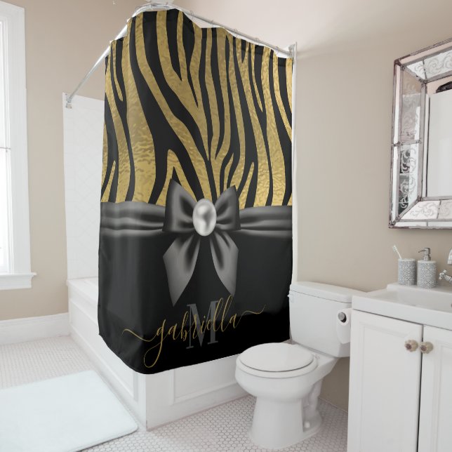 Golden Zebra Print and Bow Shower Curtain (In Situ)
