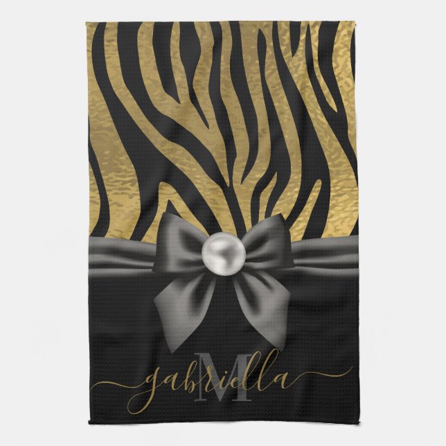 Golden Zebra Print and Bow Tea Towel (Vertical)