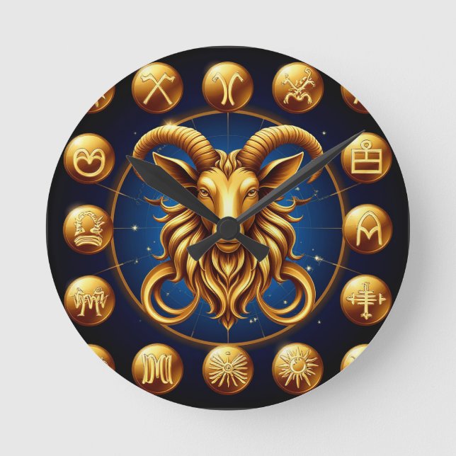 Golden Zodiac Capricorn Design Round Clock (Front)