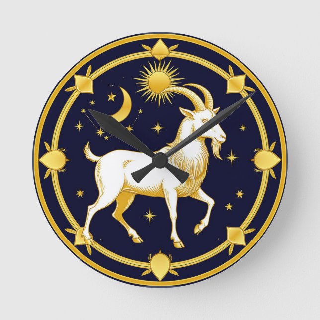Golden Zodiac Capricorn Design Round Clock (Front)