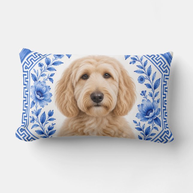 Goldendoodle Blue & White Floral Lumbar Pillow  (Front)