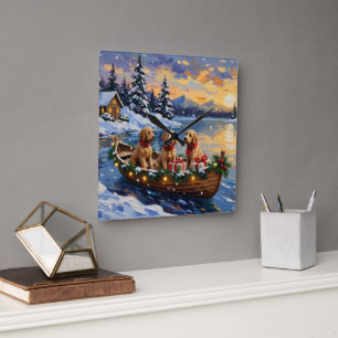 Goldendoodle Christmas Boat Holiday Square Wall Clock