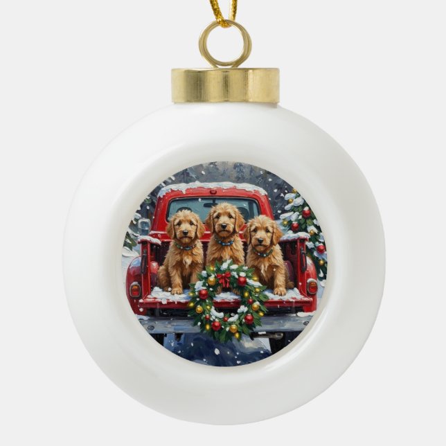 Goldendoodle Christmas Red Truck Holiday Ceramic Ball Christmas Ornament (Front)