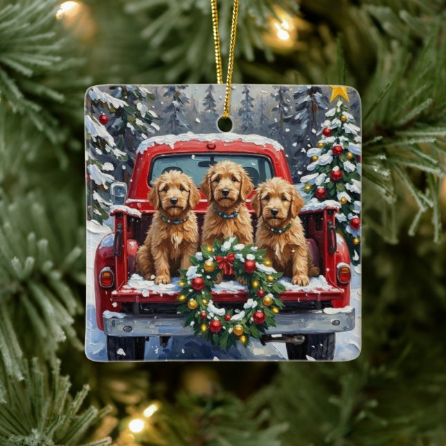 Goldendoodle Christmas Red Truck Holiday Ceramic Ornament (Tree)