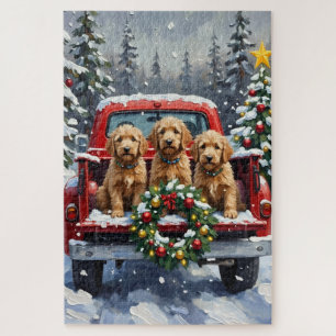 Goldendoodle Christmas Red Truck Holiday Jigsaw Puzzle