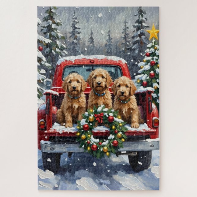 Goldendoodle Christmas Red Truck Holiday Jigsaw Puzzle (Vertical)