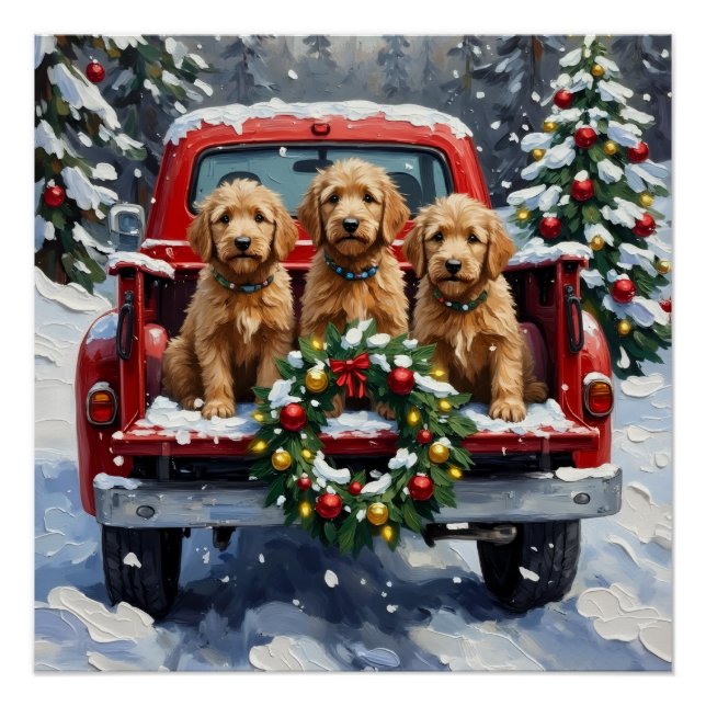 Goldendoodle Christmas Red Truck Holiday Poster (Front)