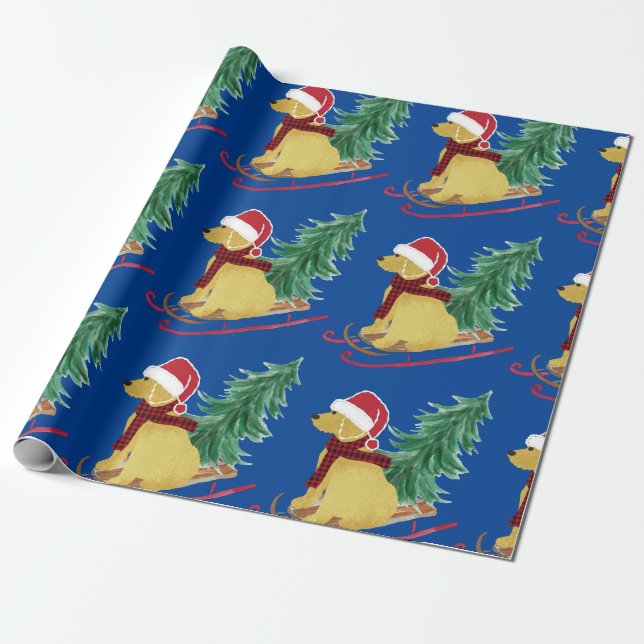 Goldendoodle Christmas Sled Blue Wrapping Paper (Unrolled)