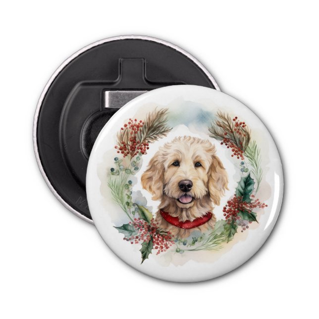 Goldendoodle Christmas Wreath Festive Pup Bottle Opener (Front)