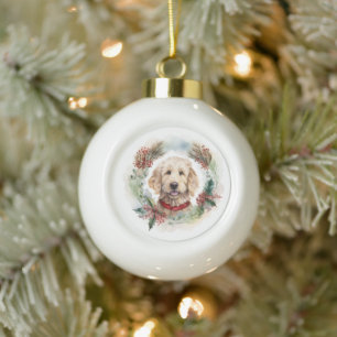 Goldendoodle Christmas Wreath Festive Pup Ceramic Ball Christmas Ornament