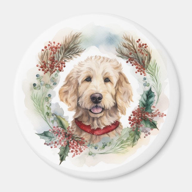 Goldendoodle Christmas Wreath Festive Pup Magnet (Front)