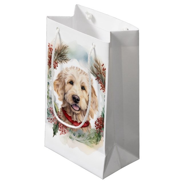 Goldendoodle Christmas Wreath Festive Pup Small Gift Bag (Front Angled)