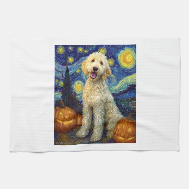 Goldendoodle Cute Dog Halloween Jack O Lantern Pum Tea Towel (Horizontal)
