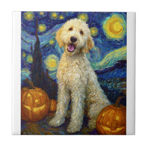 Goldendoodle Cute Dog Halloween Jack O Lantern Pum Tile