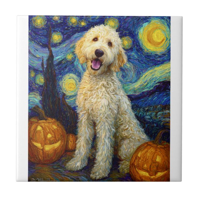 Goldendoodle Cute Dog Halloween Jack O Lantern Pum Tile (Front)