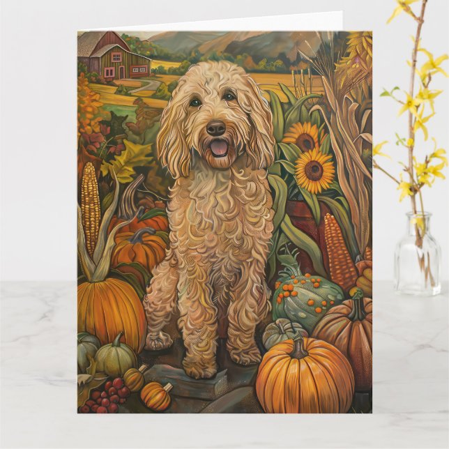 Goldendoodle Dog Autumn Harvest Thanksgiving Card (Yellow Flower)