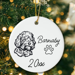 Goldendoodle Dog Custom Name & Year Line Art Ceramic Tree Decoration