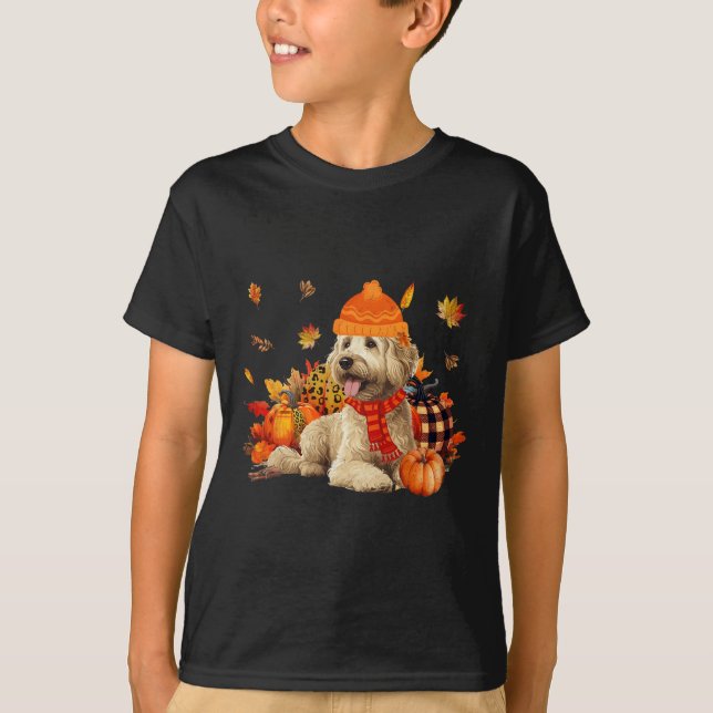 Goldendoodle Dog Fall Scarf Leopard Pumpkins Autum T-Shirt (Front)