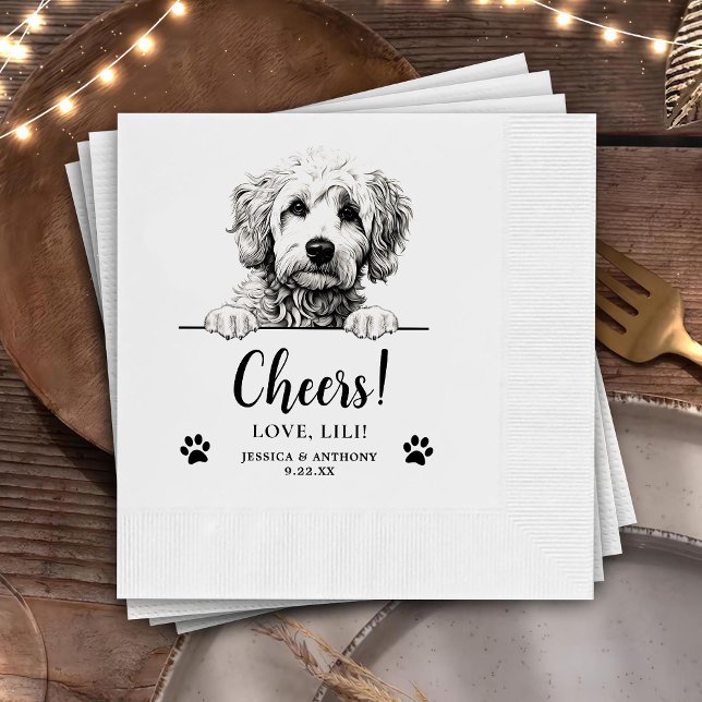 Goldendoodle Dog Hand Drawing Personalised Cheers Napkin (Creator Uploaded)