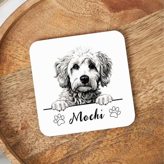 Goldendoodle Dog Hand Drawing Personalised Square Paper Coaster (Creator Uploaded)