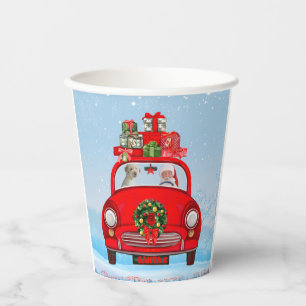 Goldendoodle Dog In Car With Santa Claus Paper Cups