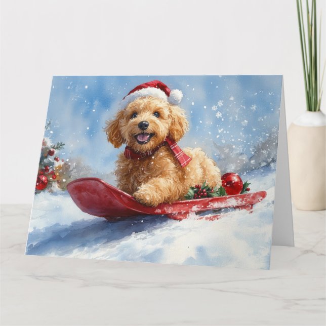 Goldendoodle Dog in Sledge Let it Snow Christmas Card (Front)