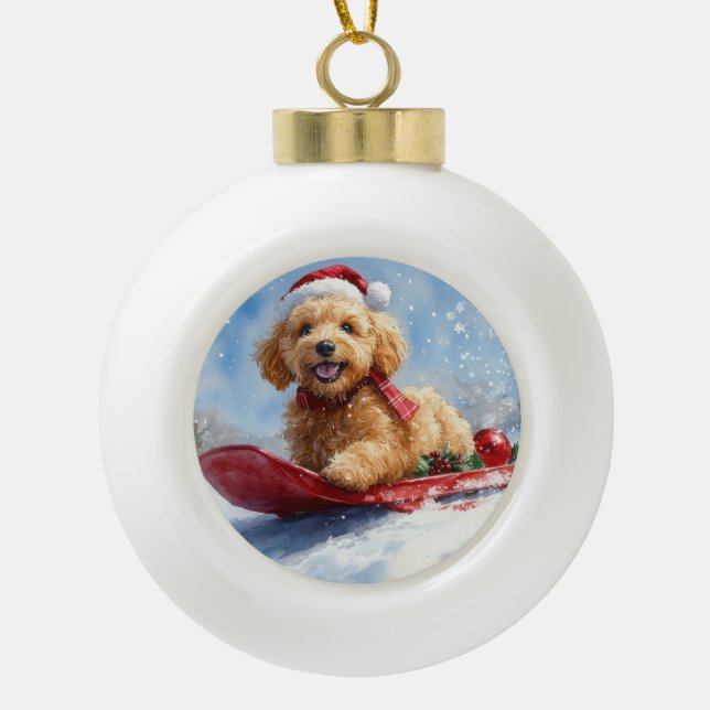 Goldendoodle Dog in Sledge Let it Snow Christmas Ceramic Ball Christmas Ornament (Front)