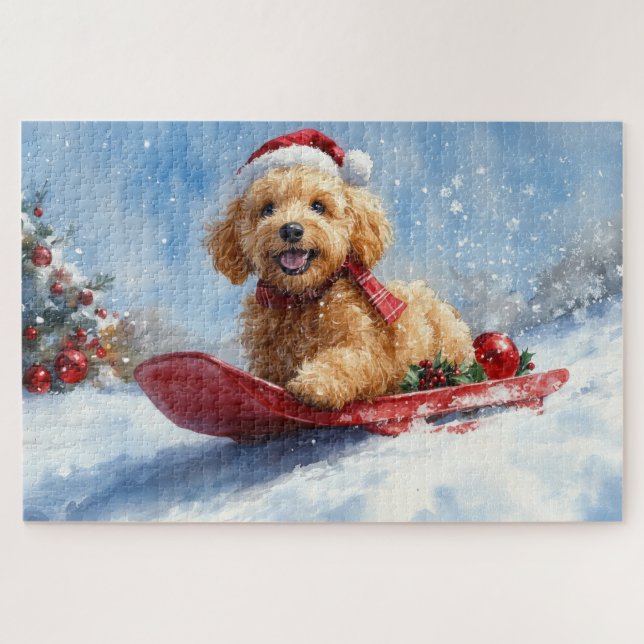 Goldendoodle Dog in Sledge Let it Snow Christmas Jigsaw Puzzle (Horizontal)