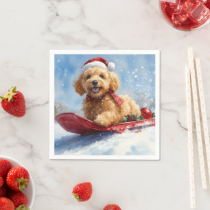 Goldendoodle Dog in Sledge Let it Snow Christmas Napkin
