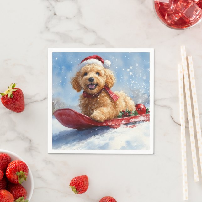 Goldendoodle Dog in Sledge Let it Snow Christmas Napkin (Insitu)