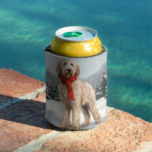 Goldendoodle Dog in Snow Christmas Can Cooler